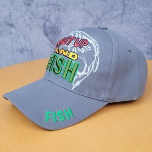 Embroidered Shut Up & Fish Fishing Hat Gray Adjustable Hook & Loop Trucker Cap